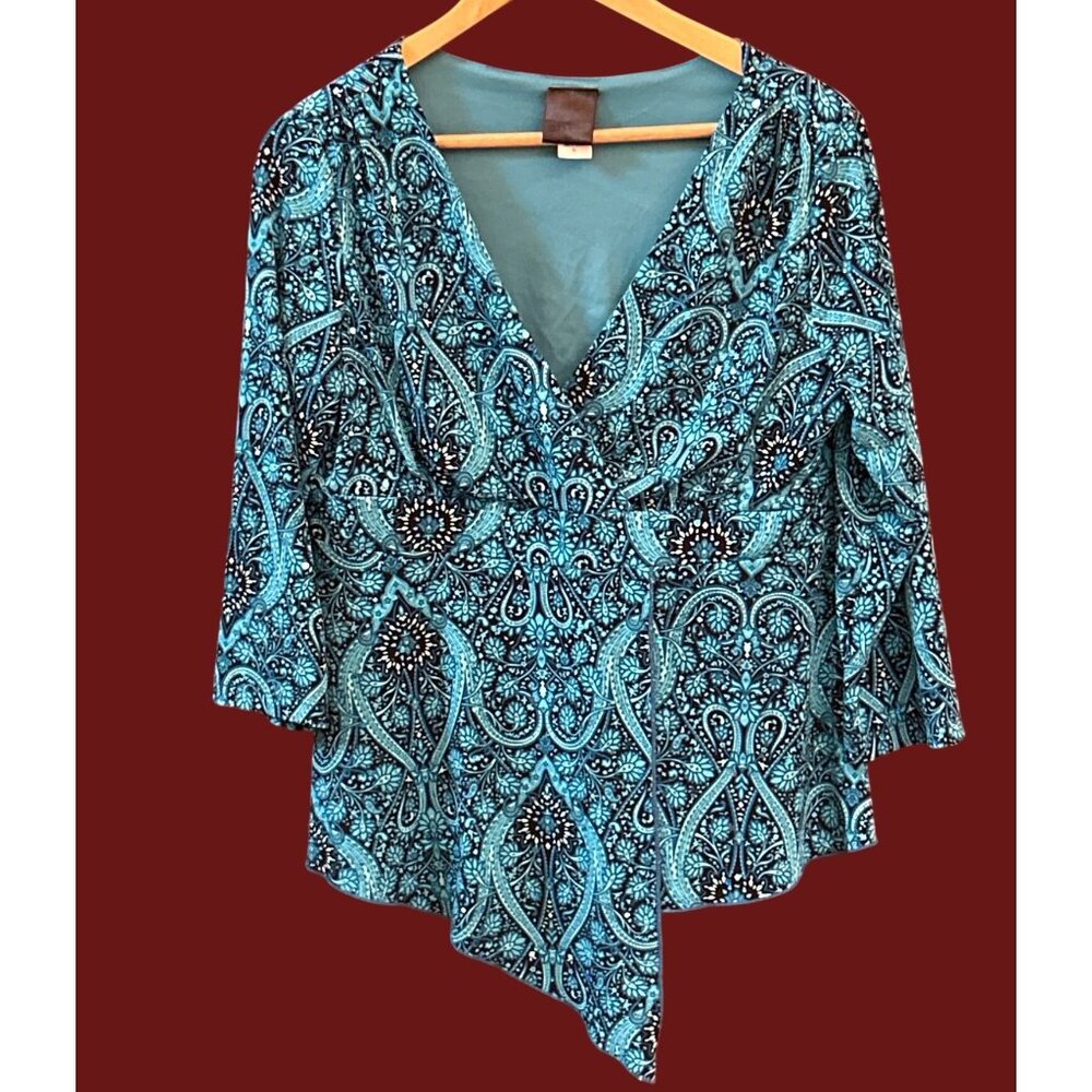 Y2K Vintage Geometric Print  Asymmetrical Hem Baby Doll Blouse Large Bohemian